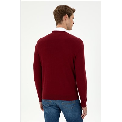 Erkek Slim Fit V Yaka Bordo Basic Kazak