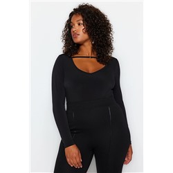 Trendyol Curve Siyah V Yaka Düz Basic Sandy Örme Büyük Beden Bluz TBBAW24AF00041