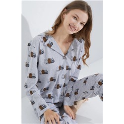 Siyah İnci gri melanj panda desenli Düğmeli Örme Pijama Takım 7588