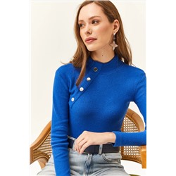 Olalook, Kadın Saks Mavi Düğme Detaylı Yarım Balıkçı Likralı Bluz BLZ-19001608