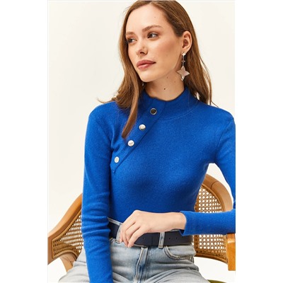Olalook, Kadın Saks Mavi Düğme Detaylı Yarım Balıkçı Likralı Bluz BLZ-19001608