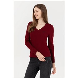Kadın Bordo V - Yaka Basic Kazak