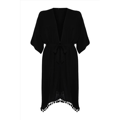 Siyah Etek Ucu Püsküllü Viskon Plaj Giyim Dokuma Büyük Beden Kimono&Kaftan TBBSS24DE00002