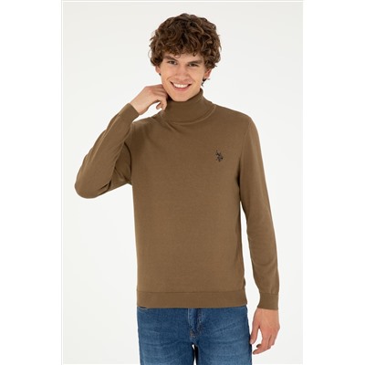 Erkek Slim Fit Boğazlı Yaka Haki Basic Kazak