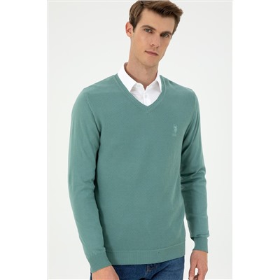 Erkek Slim Fit V Yaka Mint Basic Kazak