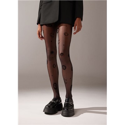 Transparente Strumpfhose 30 Denier mit „Mond und Sonne“-Flockprint
