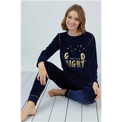 Sevim Lacivert 13268 Kadın Nakışlı Kadife Pijama Takım SVM.13268
