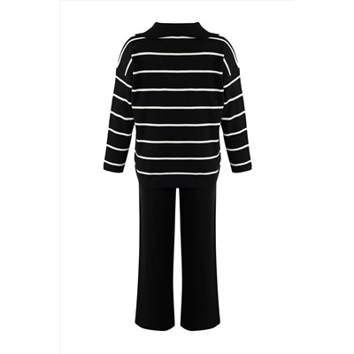 Siyah Çizgili Fermuarlı Oversize/Geniş Kalıp Triko Alt-Üst Takım TBBAW26CP00003