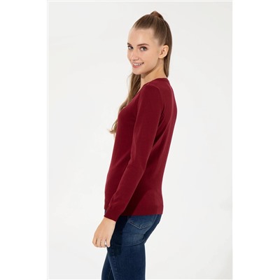 Kadın Bordo V - Yaka Basic Kazak