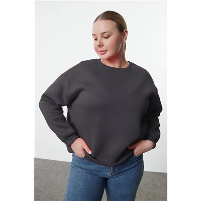 Antrasit Oversize/Bol Kesim Basic Bisiklet Yaka Kalın/İçi polarlı Örme Sweatshirt TBBAW25AO00008