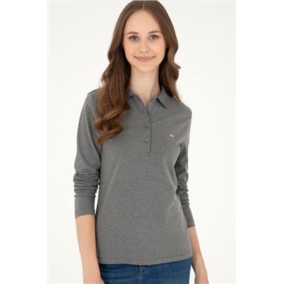 Kadın Antrasit Melanj Basic Polo Yaka Sweatshirt