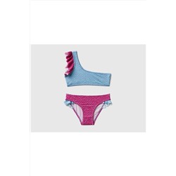 United Colors of Benetton Kız Çocuk Saks Mavi Tek Omuzlu Fırfır Detaylı Bikini Takımı Gül Rengi Mix 623P31IU0K01I