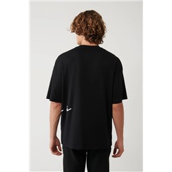 Siyah %100 Pamuk Bisiklet Yaka Baskılı T-Shirt