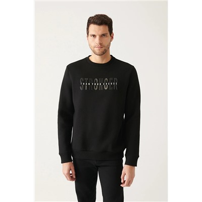 Avva Erkek Siyah Bisiklet Yaka 3 Iplik Içi Polarlı Baskılı Standart Fit Normal Kesim Sweatshirt A22y1132 A22Y1132