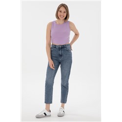 Kadın Lila Kolsuz Bisiklet Yaka Crop Basic Tişört