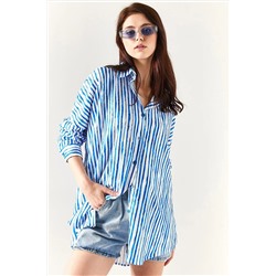 Olalook Kadın Saks Mavi Asimetrik Çizgili Oversize Gömlek GML-19001123