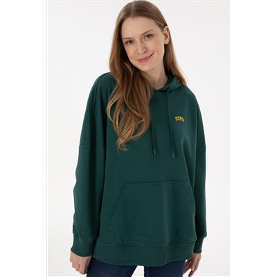 Kadın Koyu Yeşil Kapüşonlu Basic Sweatshirt