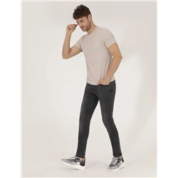 Bej Slim Fit Dokulu Bisiklet Yaka Tişört