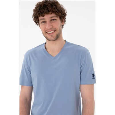 Erkek Regular Fit  V Yaka Mavi Basic Tişört