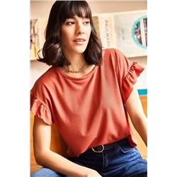 Olalook, Kadın Soğan Kabuğu Kolu Fırfırlı Kaşkorse Tişört TSH-19000417