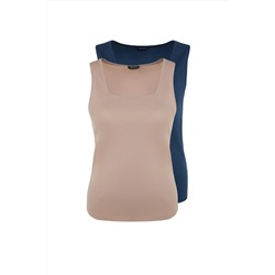 Vizon-İndigo Basic Fitilli 2'li Paket Kare Yaka Örme Büyük Beden Atlet TBBSS22AL0024