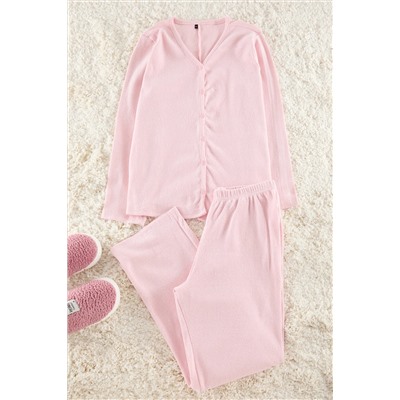 Pembe Fırçalı Soft Fitilli Hırkalı Örme Pijama Takımı TBBAW25AI00089