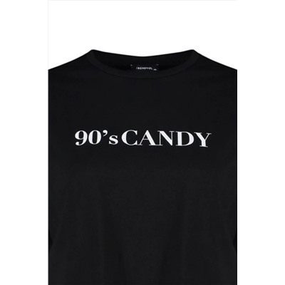 Siyah Geniş Kalıp Baskılı Bisiklet Yaka %100 Pamuk Örme T-shirt TBBSS23BF00015