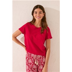 Camiseta manga corta 100% algodón rojo bordado