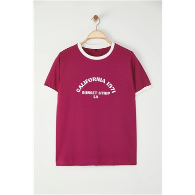 Koyu Vişne Bisiklet Yaka Basklı Örme Büyük Beden T-Shirt TBBSS25BF00014