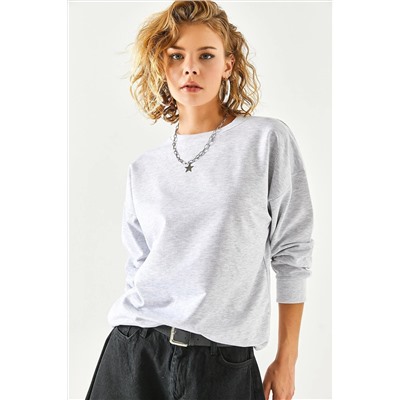 Olalook Kadın Gri Melanj Basic Yumuşak Dokulu Salaş Sweatshirt SWT-19000457