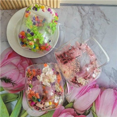 Яркая и красивая кружка с двойным дном и сухоцветами внутри 💐(набор 2 шт)