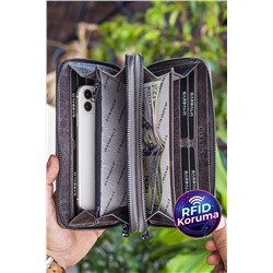 Garbalia, Orleans Vintage Deri Gri Telefon Bölmeli El Çantası Cüzdan Kartlık