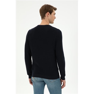 Erkek Slim Fit Bisiklet Yaka Lacivert Basic Kazak