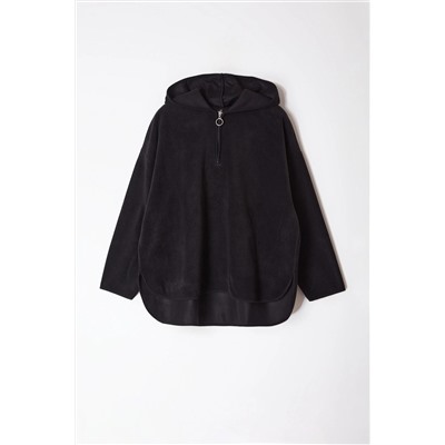 Siyah Kalın Polar Kapüşonlu Oversize/Bol Kesim Büyük Beden Sweatshirt TBBAW25AO00030