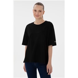 Kadın Siyah Oversize Bisiklet Yaka Tişört