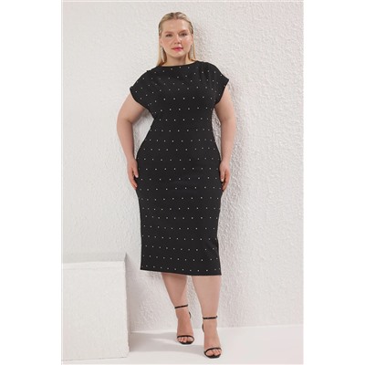 Trendyol Curve Siyah Kolsuz Taşlı Mini Dokuma Büyük Beden Party/Mezuniyet/Abiye Elbise TBBSS25AH00164