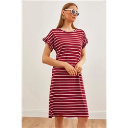 Olalook, Kadın Bordo Çizgili Kolu Fırfırlı Örme Viskon Mini Elbise ELB-19002156