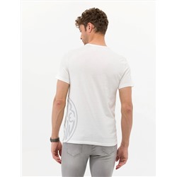 Ekru Slim Fit Baskılı Bisiklet Yaka Tişört
