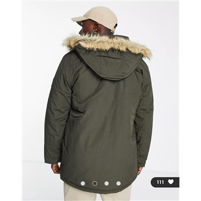 New Look faux fur trim hooded parka in khaki