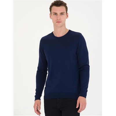 Açık Lacivert Slim Fit Bisiklet Yaka Basic Triko Kazak
