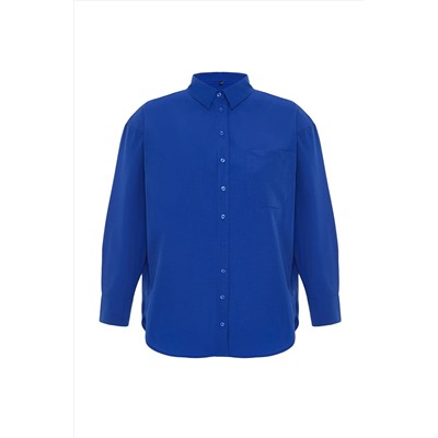 Koyu Mavi Loose Fit Pamuklu Uzun Kol Büyük Beden Dokuma Gömlek TBBSS22GO0323