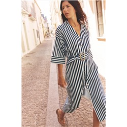 STRIPED LINEN BLEND MIDI DRESS