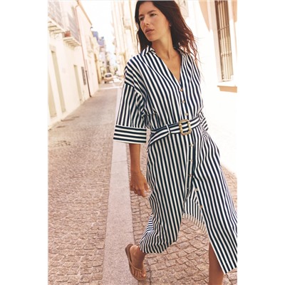 STRIPED LINEN BLEND MIDI DRESS