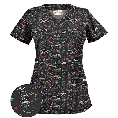 UA Deck The Halls Black Print Scrub Top