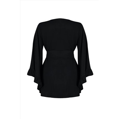 Siyah Kolu Fırfırlı Volanlı Viskon Plaj Giyim Dokuma Büyük Beden Kimono&Kaftan TBBSS23DE00001