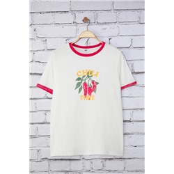 Kırmızı Boyfriend Fit Basklı Yıkamalı %100 Pamuk Büyük Beden Örme T-Shirt TBBSS25BF00055