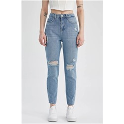 Defacto Mom Fit Yırtık Detaylı Jean Bilek Boy %100 Pamuk Pantolon A3463AX23SM