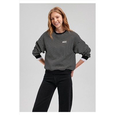 MaviLogo Baskılı Çizgili Siyah Sweatshirt 1s10100-85143