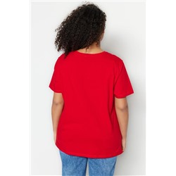 Kırmızı Boyfriend Fit Slogan Baskılı Bisiklet Yaka %100 Pamuk Büyük Beden T-Shirt TBBSS23BF00022