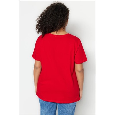 Kırmızı Boyfriend Fit Slogan Baskılı Bisiklet Yaka %100 Pamuk Büyük Beden T-Shirt TBBSS23BF00022